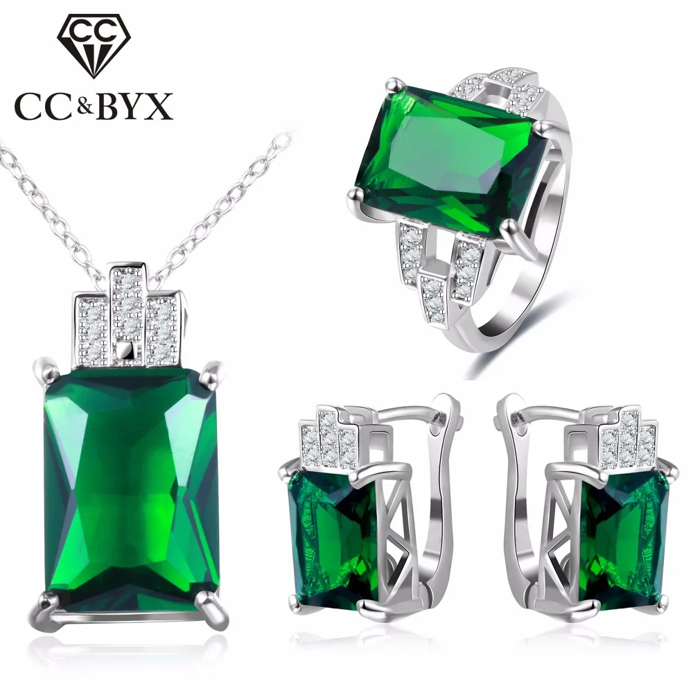 CC Jewelry Fashion Jewelry Set For Women Sterling Jewelry Green Stone CZ Wedding Sets Earring Necklace Ring CCAS119