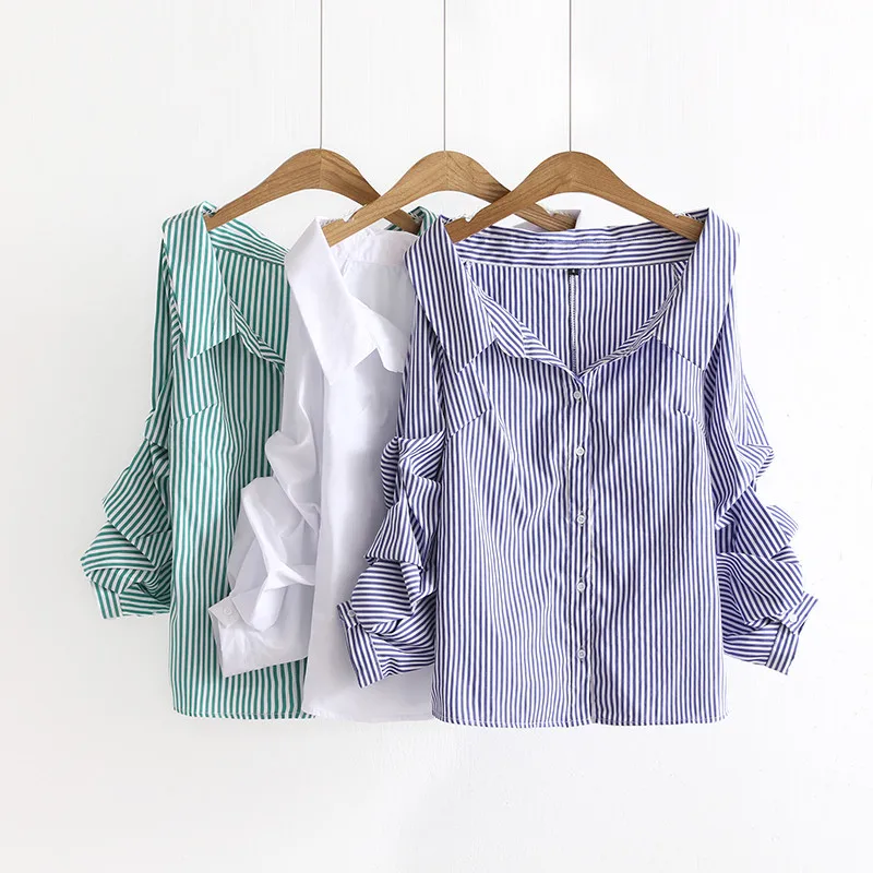 2018 Демисезонный Новинка футболки Для женщин Мода синий зеленый полосатый v