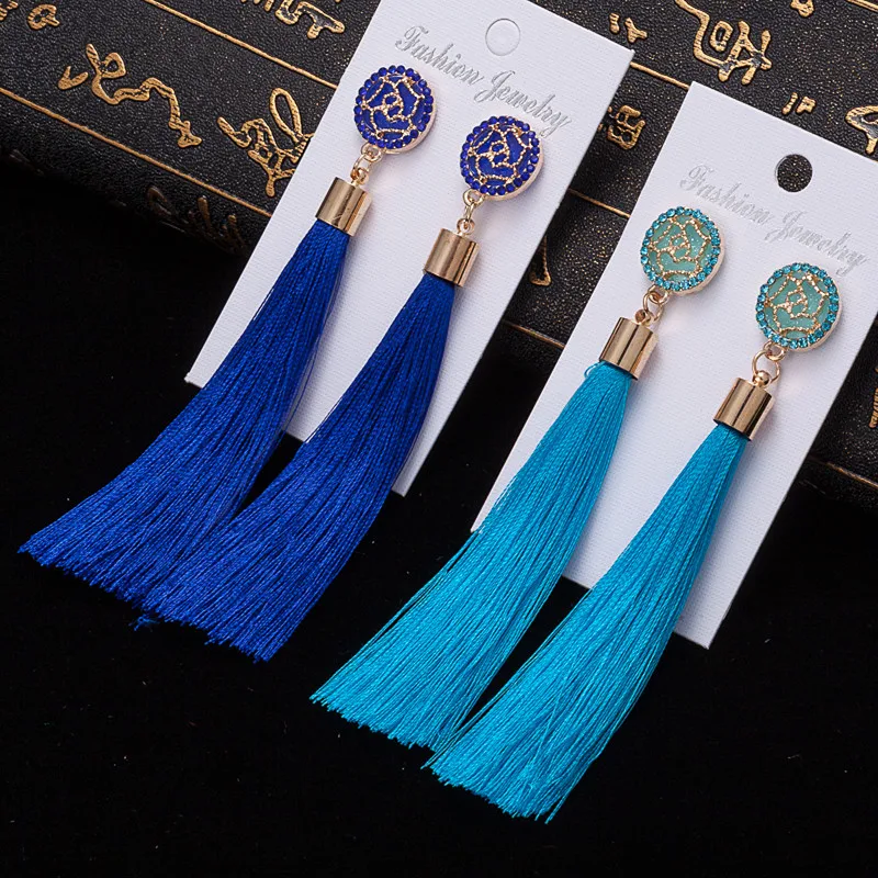 

WNGMNGL 2018 New Arrival Bohemian Silk Fabric 9 Colors Long Drop Dangle Crystal Tassel Earrings For Women Jewelry Party Gift