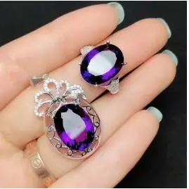 Фиолетовый KJJEAXCMY boutique jewels 925 Чистое серебро инкрустированный красный корунд Аметист Зеленый Кристалл Подвеска с белым нефритом кольцо, Женский 2 шт+ c - Цвет камня: Фиолетовый