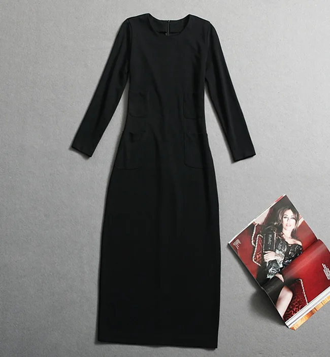 

new brand runway dress solid color long sleeve dress Slim long dress