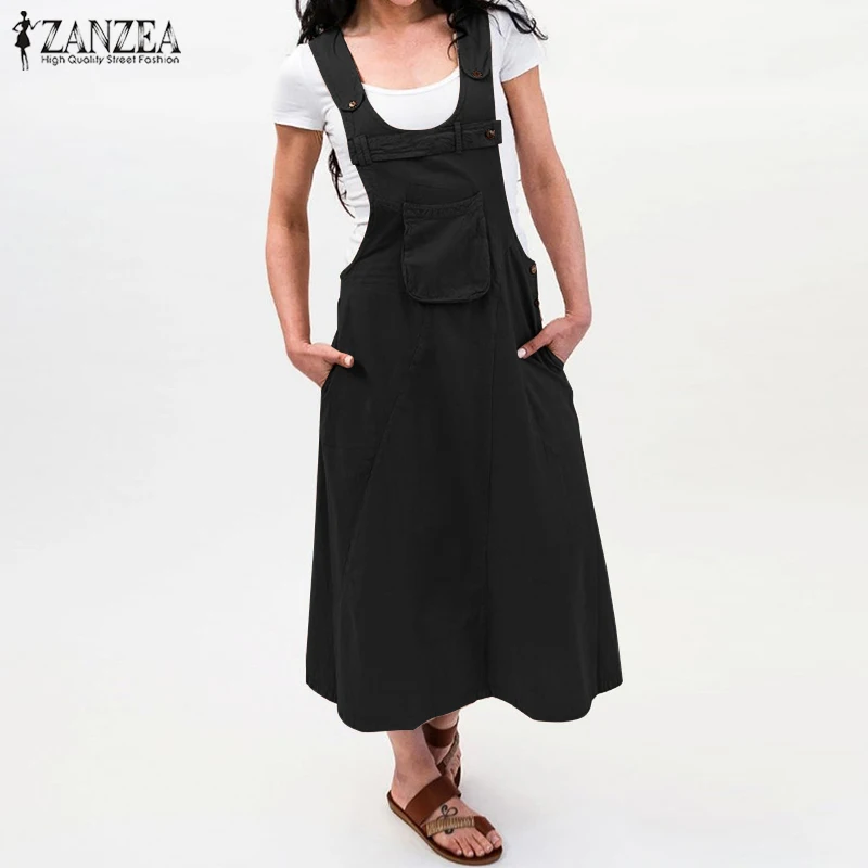 ZANZEA Summer Sundress Women Casual Suspenders Overalls Dress Vintage Solid Harajuku Dresses Vestidos Strapless Tunic Robe