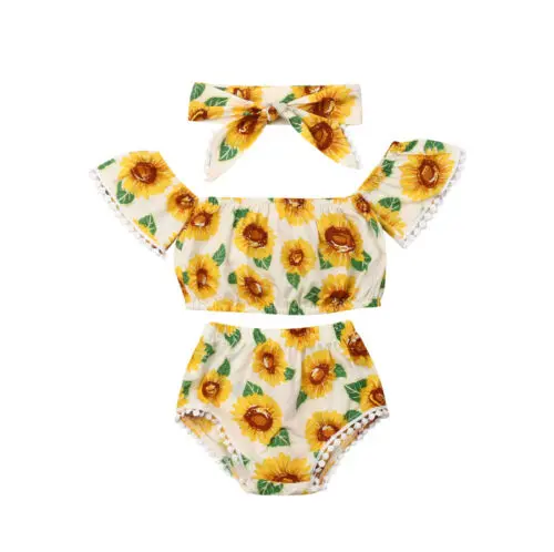 

Toddler Girl Clothes Baby Girl Sunflower Clothes Outfit Tutu Sunsuit Top+Shorts+Headband 3pcs