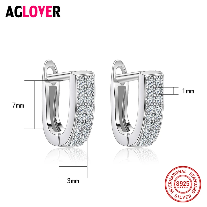 AGLOVER Fashion Original 100% 925 Sterling Silver Hoop Earrings Jewelry Luxury Clear CZ U Shape for Women | Украшения и