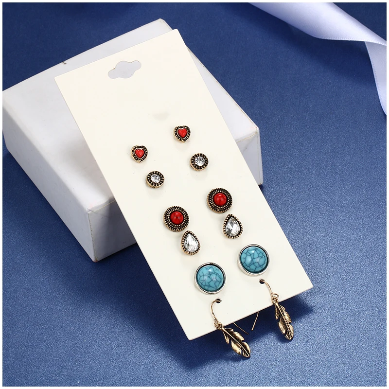 Shineland Fashion Accessories Stud Earring Sets 6 Pairs Round Waterdrop Leaves Resin Stone Crystal Earrings For Women Brincos | Украшения и