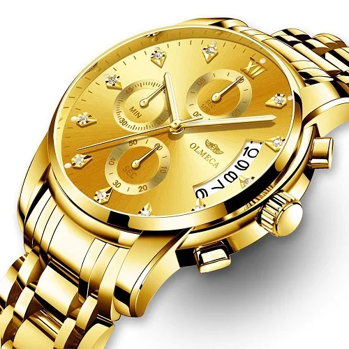 Gold Relogio Masculino мужские часы Роскошные спортивные часы 3ATM водонепроницаемые часы с хронографом наручные часы из нержавеющей стали ремешок Saat - Цвет: Gold
