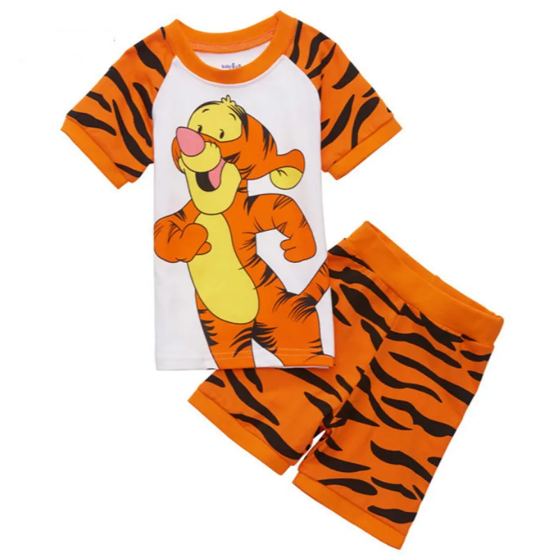 Yellow Tigger 041 Детские пижамные комплекты Одежда для маленьких мальчиков и девочек милые пижамы с рисунком снов для маленьких мальчиков, хлопковая футболка с короткими рукавами и рисунком+ штаны комплекты из 2 предметов - Цвет: Yellow Tigger 041