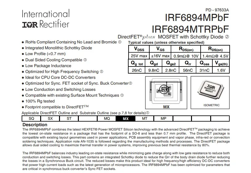 IRF6894M IRF6604 IRF6637 IRF6636 IRF6611 IRF6603 IRF3575 IRF665A IRF6641 Новый оригинал | Электроника