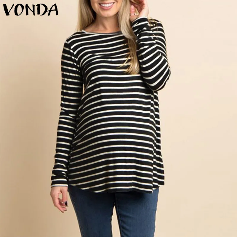 VONDA, Одежда для беременных,, женские футболки, топы, повседневные, длинный рукав, хлопок, в полоску, футболки для беременных, сексуальные, с открытой спиной, топы для беременных, 5XL