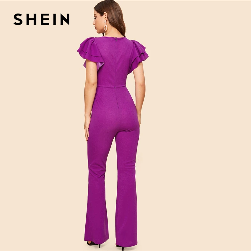 SHEIN Элегантный Комбинезон С Поясом Яркий Оригинальным Рукавом И V Образным