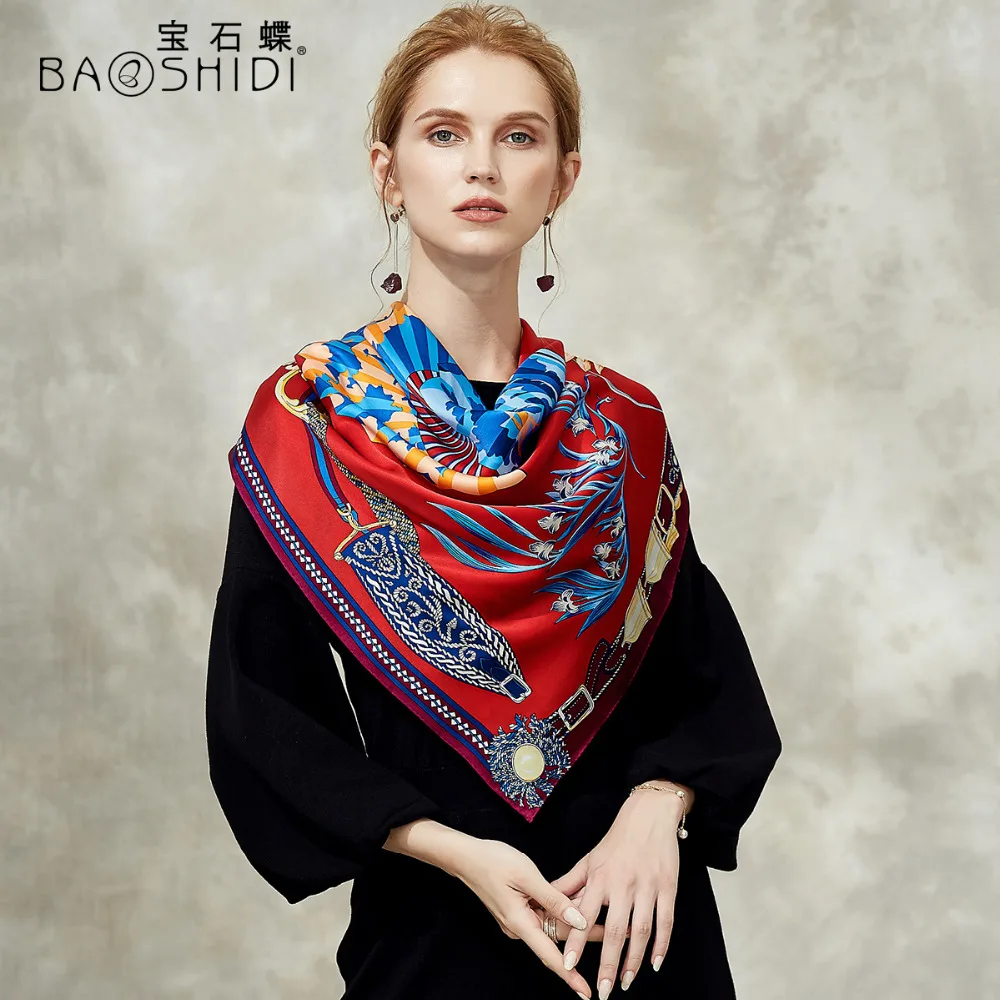 Женский атласный шарф BAOSHIDI платок из 100% шелка на 16 момме квадратный 106*106 с