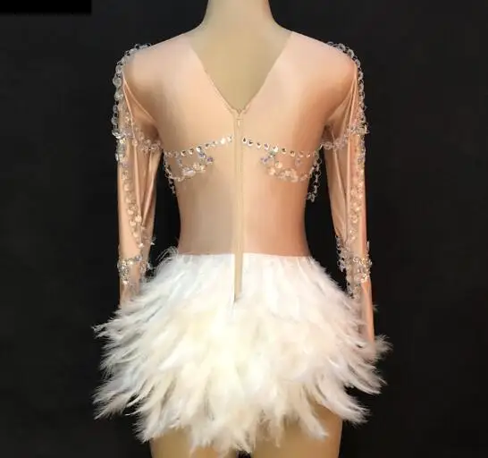 2019 Fashion Crystals Jumpsuit Nightclub Party Women Sexy Skin Color Bodysuit Short White Feather Skirt Glass Costume YOUDU