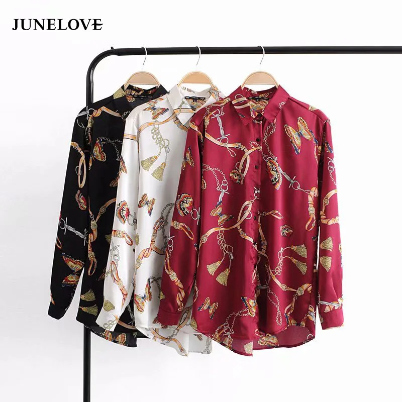 Женская винтажная блузка JuneLove с длинным рукавом и принтом в виде бабочки