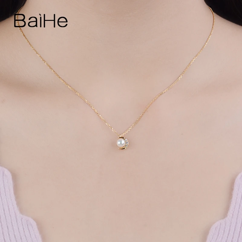 BAIHE Твердые 18K желтое золото 5 мм натуральный пресноводный жемчуг для женщин