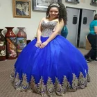 Голубые платья Quinceanera, милое 16-летнее платье с золотой аппликацией в пол, пышное Тюлевое Платье На Шнуровке Для 15-летних детей