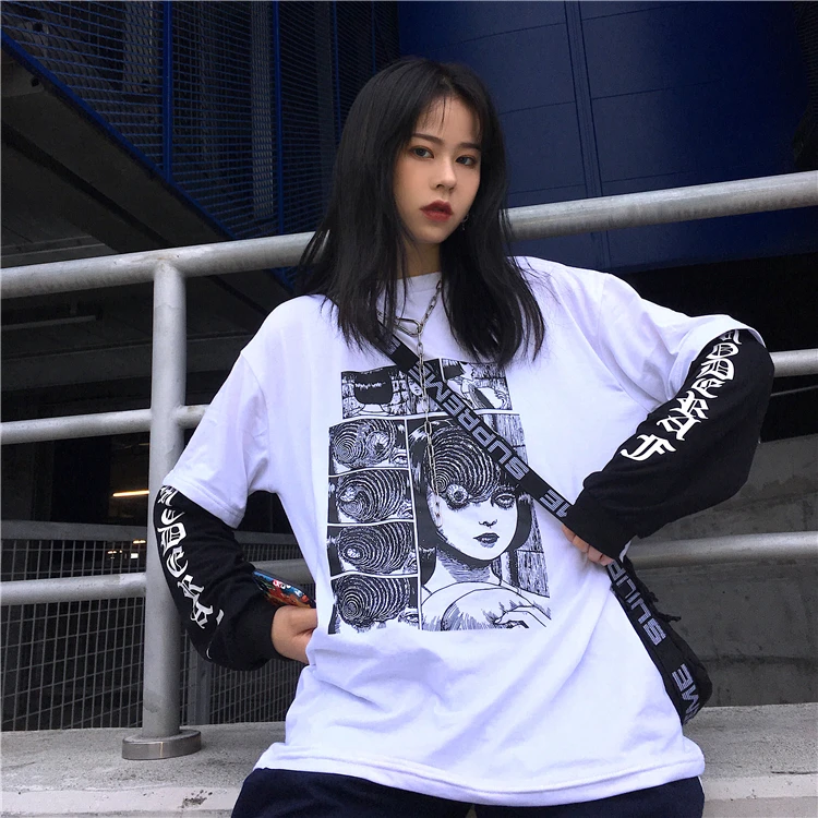 Funeral dark new ulzzang Harajuku BF хип-хоп поддельные две части Мода Harajuku свободный большой размер женский осенний мультфильм толстовка