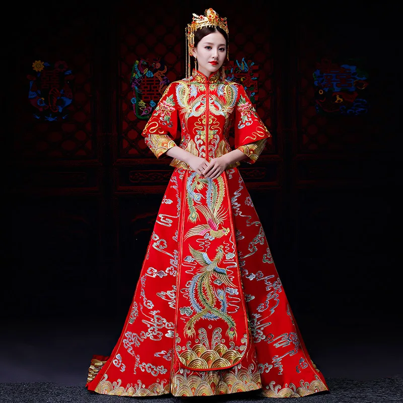 Женское платье с вышивкой в виде драконов и Феникса китайское классическое