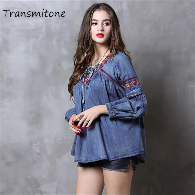 

Spring Denim Women Blouse Shirt 2019 Vintage New V Neck Loose Shirt Women Long Lantern Sleeve Embroidery Blouses Blusa Feminina