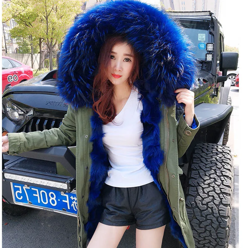 Женское пальто с капюшоном и подкладкой из лисьего меха толстая парка армейского