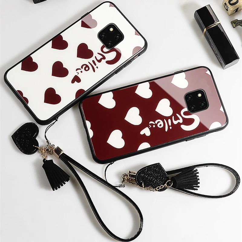

Case & Strap For Huawei Mate 20 Pro Case Glass Hard Phone Bcak Cover For Huawei Mate 20 Lite Red Smile Love Heart lanyard funda