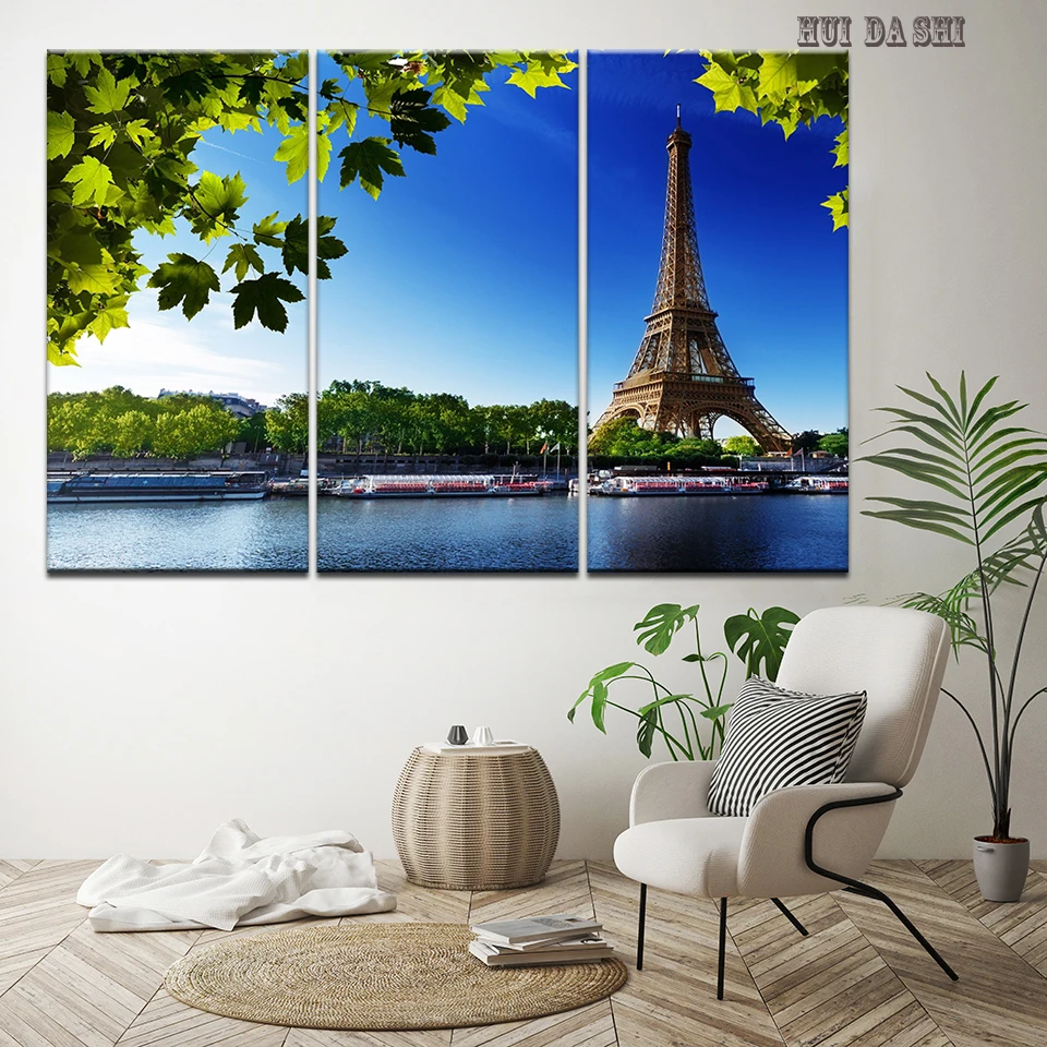 Canvas HD Prints Pictures Room Wall Art 3 Pieces Paris Tower River Riverside Painting Landscape Poster Home Decor Framework | Дом и сад