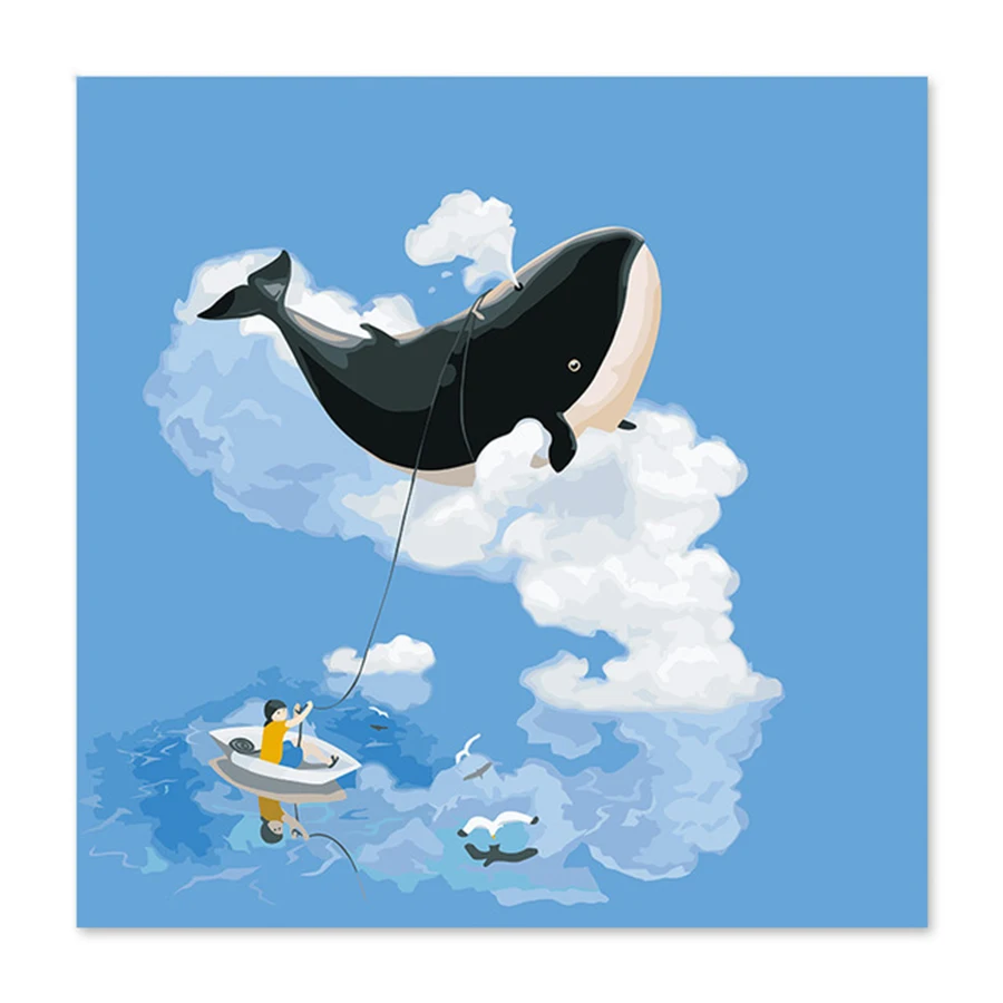

Digital oil painting whale White clouds Blue sky boat Can not leave you need