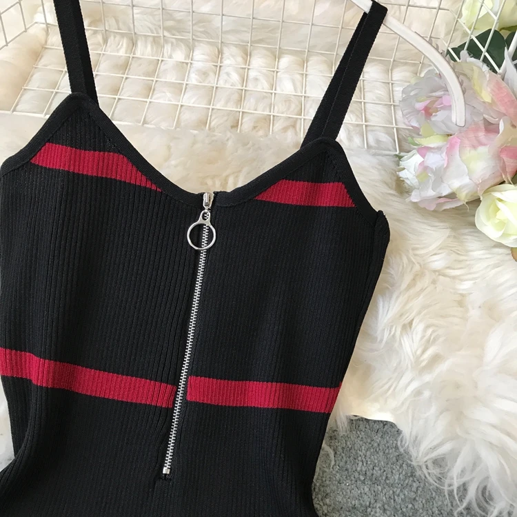 ALPHALMODA Ретро подтяжки, вязаное платье, новинка, цветное Полосатое тонкое платье на молнии, женское летнее облегающее платье