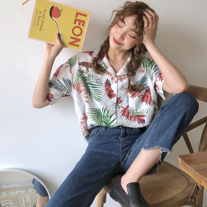 Женская шифоновая блузка Cheerart с принтом листьев коротким рукавом летний