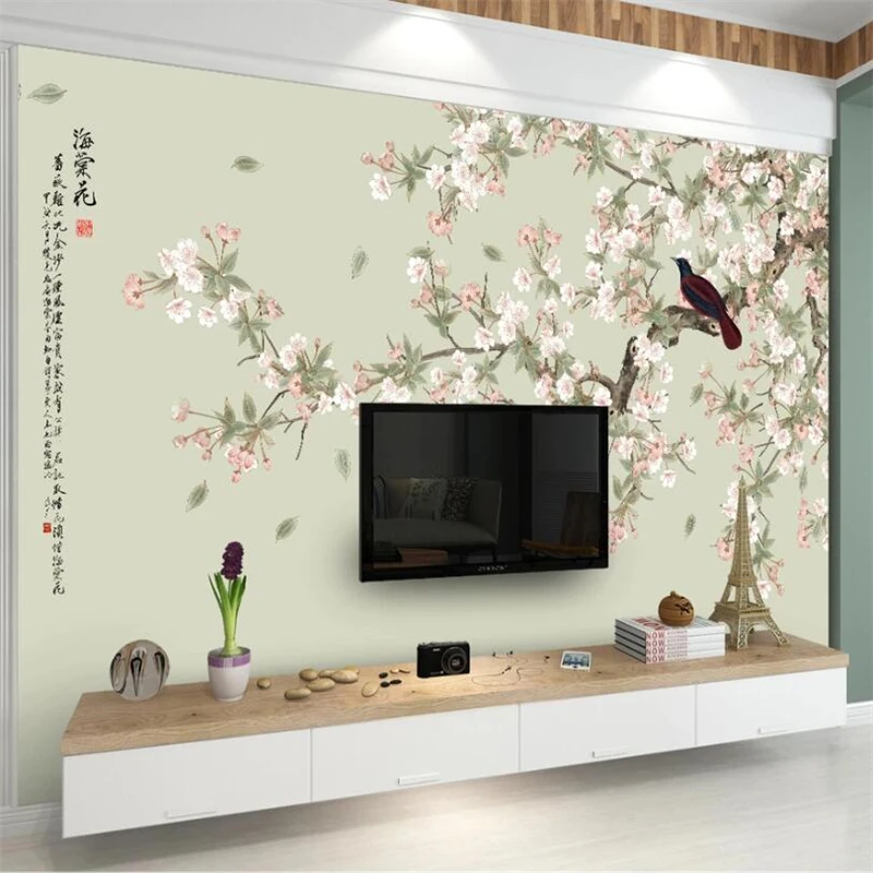 

beibehang Custom wallpaper 3d mural new Chinese hand-painted pen sea otter flower bird background wall paper decorative painting