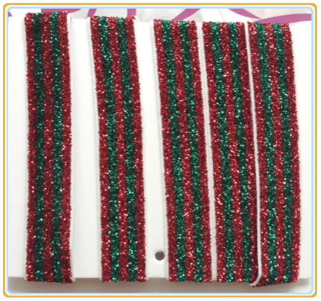 

(Price Negotiated) 5/8" Christmas Red / Green Four Stripes Stretch Glitter Velvet Ribbon