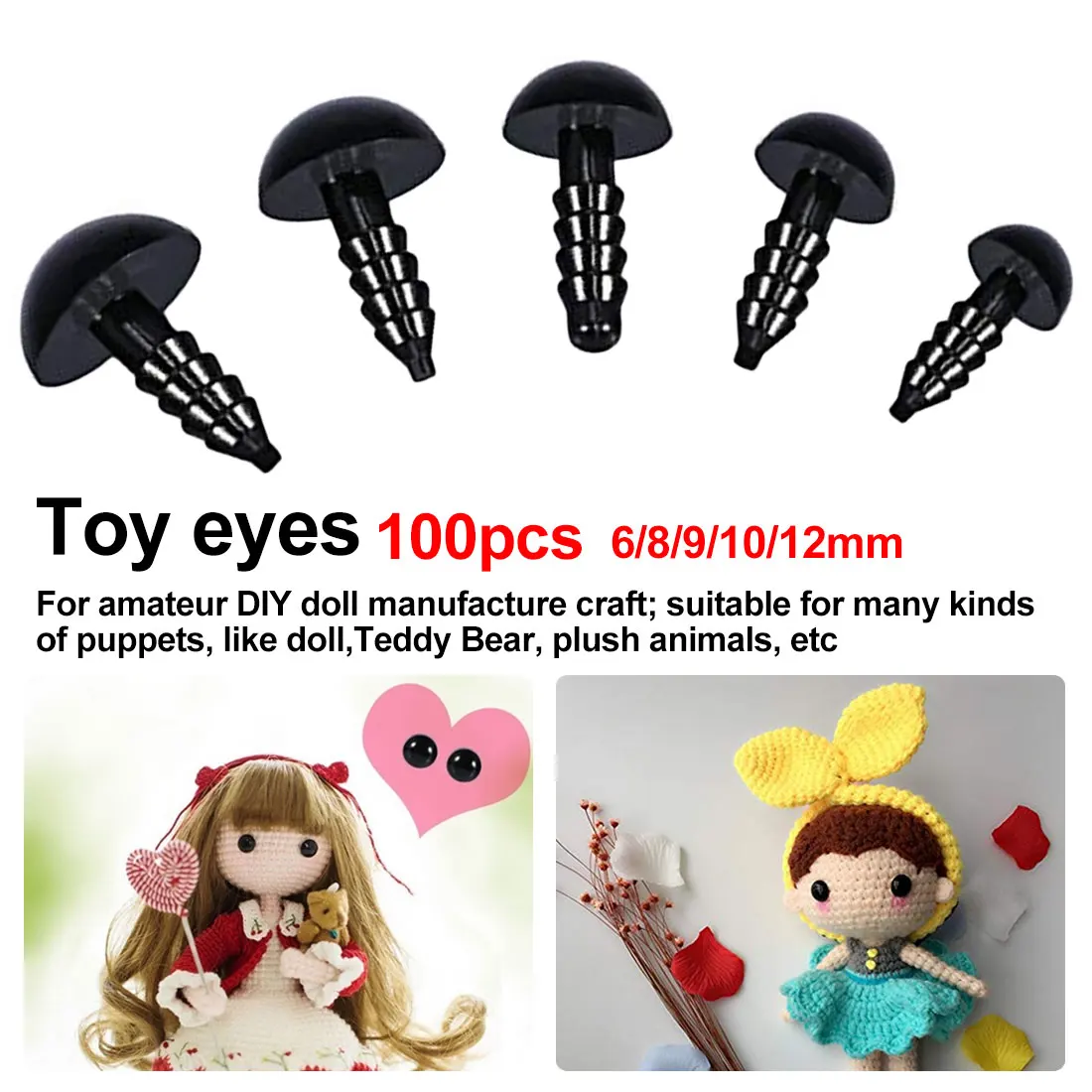 100pcs 6-12mm Black Plastic Crafts Safety Eyes for Soft Toy Animal Doll Amigurumi DIY Accessories