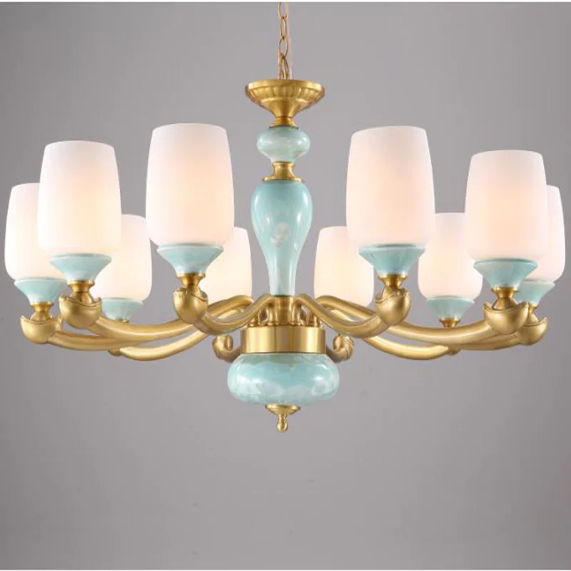 

Traditional LED Copper Chandeliers European style Ceramic Hanging lamps Frosted Glass living room bedroom LED Chandelier lights