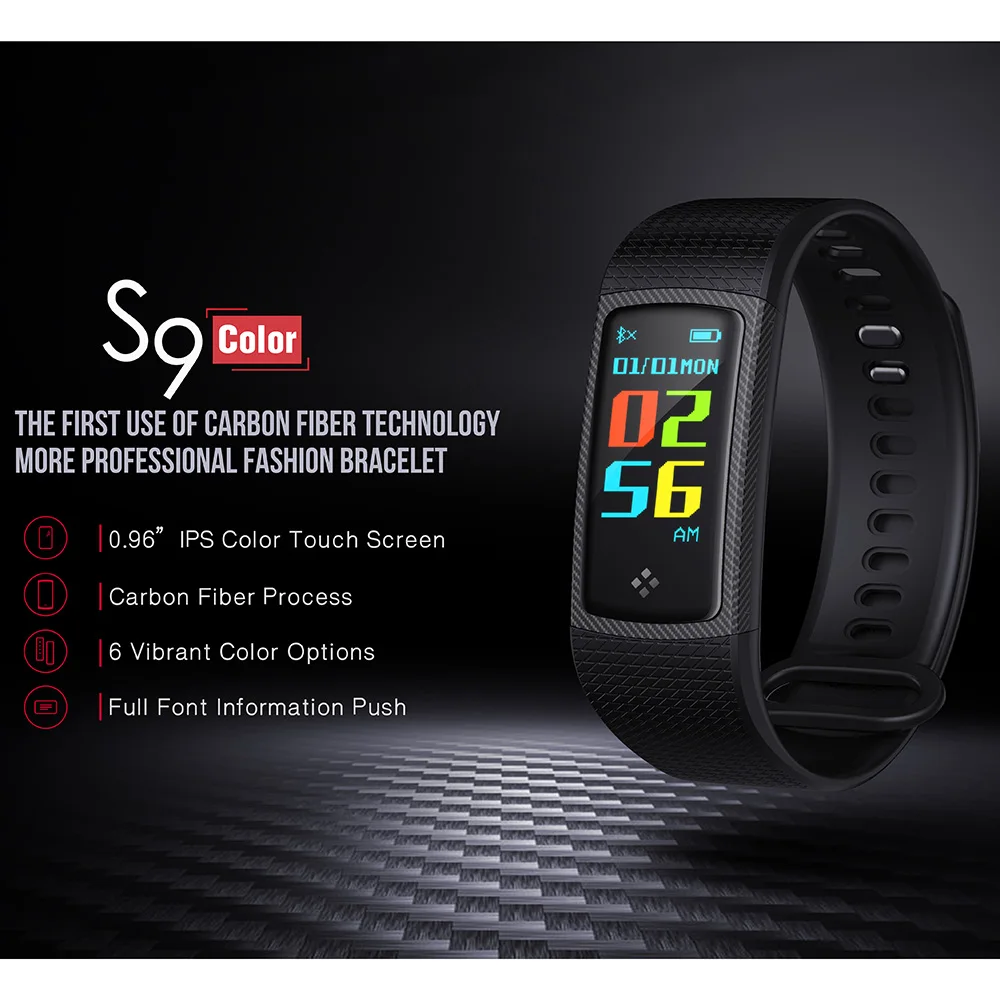 Смарт-браслет S9 технология из углеродного волокна цветной IPS дисплей 096 дюйма