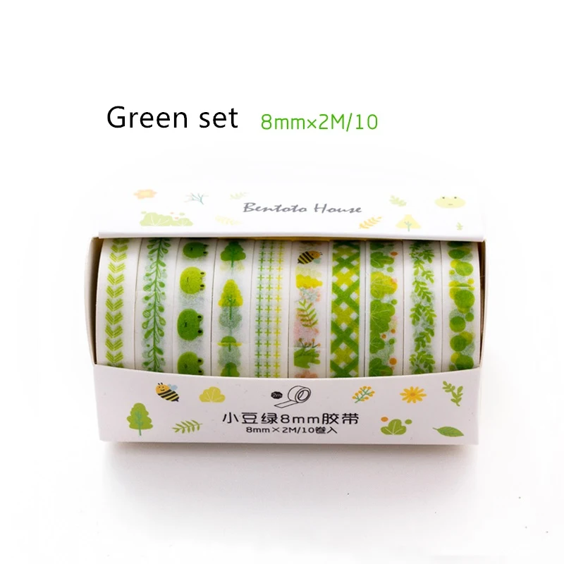 Green set 10 шт мультфильм цвет Васи Лента набор 8 мм Тонкий кружева розовый желтый фиолетовый Декоративные Маскирующие наклейки с лентами мочитап канцелярские F351 - Цвет: Green set