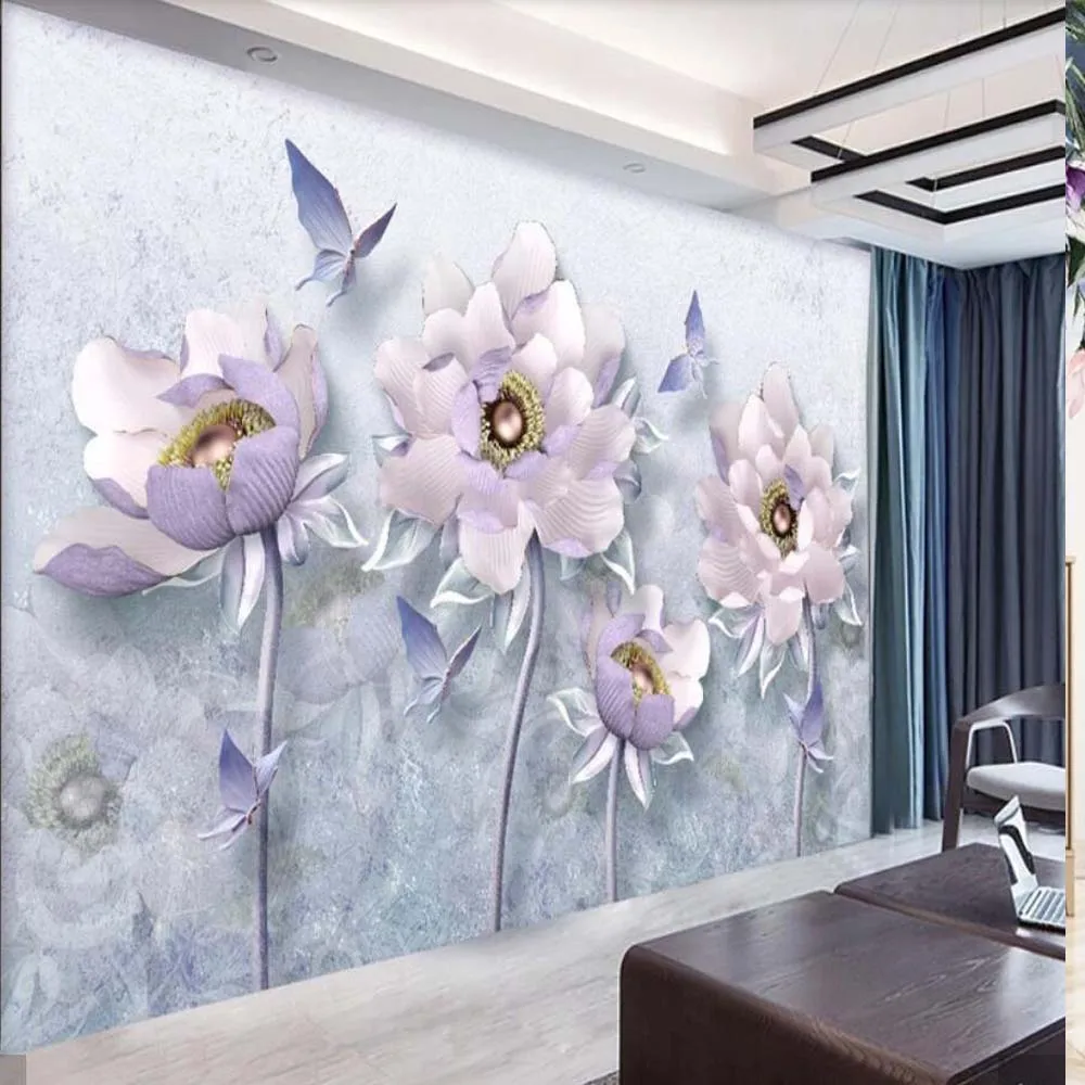 3D европейские тисненые фиолетовые цветы обои роспись Цветочная бумага домашний