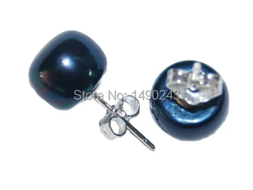 

10-11mm Blue Natural Cultured Freshwater Buton Pearls Earring with 925 Sterling Silver Stud