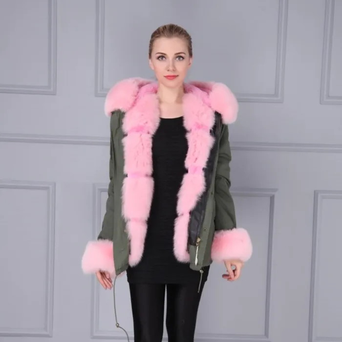 pink Парка зимняя куртка женская парка натуральный мех пальто большой натуральный мех енота воротник с капюшоном мех лисы внутренняя куртка размера плюс ветрозащитная - Цвет: pink