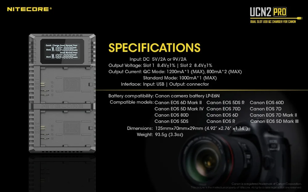 Nitecore UCN2 Pro Двойной слот USB QC LP-E6 LP-E6E зарядное устройство для Canon DSLR EOS 60D 5D3 7D 70D 5D Mark II SLR камера батарея