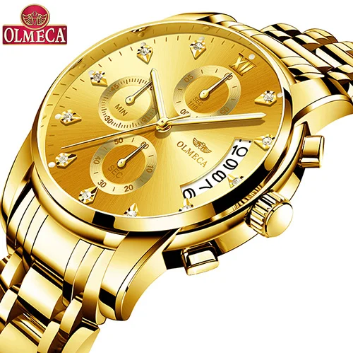 OLMECA Relogio Masculino мужские часы Роскошные спортивные часы 3ATM водонепроницаемые часы с хронографом наручные часы из нержавеющей стали ремешок Saat - Цвет: Whole Gold A
