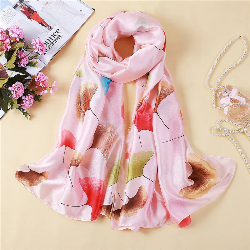 Женский атласный шелковый шарф с длинными мягкими листьями шали из фуляра летняя