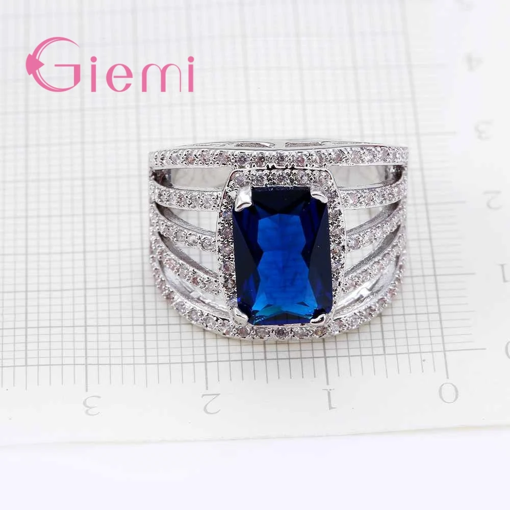 

Women Lovers Wedding Bridal Brand Jewelry New Trendy Blue Crystal Fashion Hollow Rings 925 Sterling Silver Women Bague