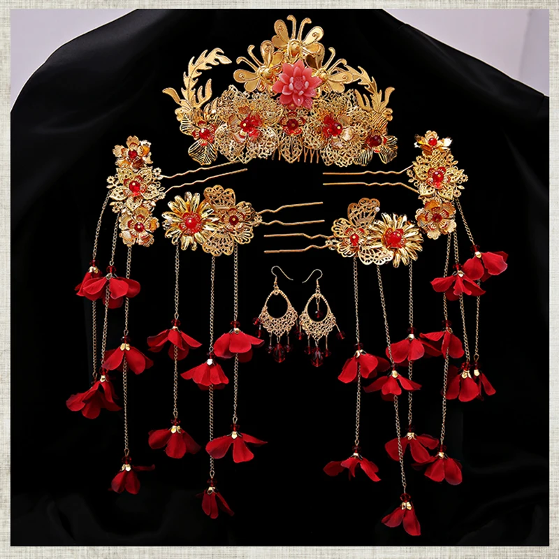 Китайский традиционный свадебный головной убор длинный красный цветок Кисточки