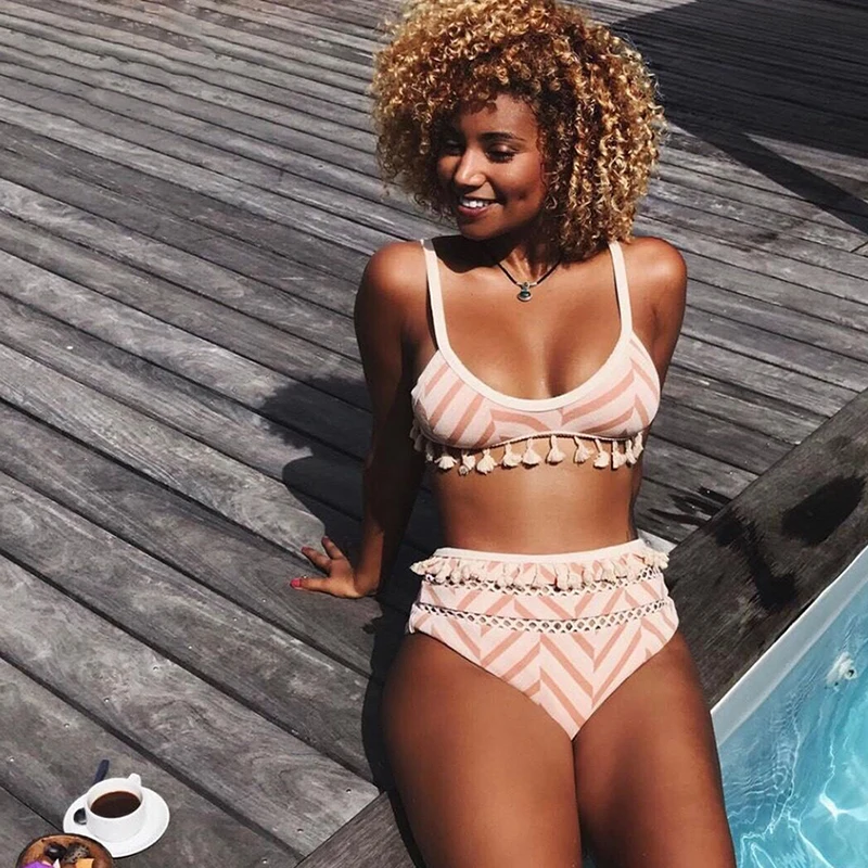 2019 сексуальная высокая талия бикини для женщин плавание одежда Push Up костюм Tassle