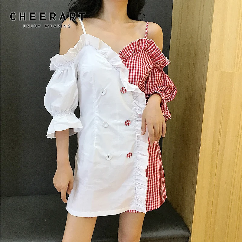 Женское платье в клетку Cheerart Летнее мини-платье на тонких бретельках с v-образным