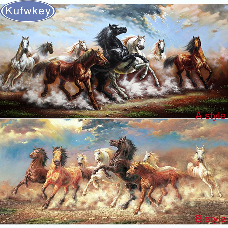 Kufwkey полная квадратная Алмазная Вышивка Животных &quotКитайский 8 лошадь&quot вышивка