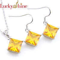 luckyshine wedding jewelry yellow square crystal cubic zirconia women 925 silver pendants necklaces drop earrings luxury jewelry