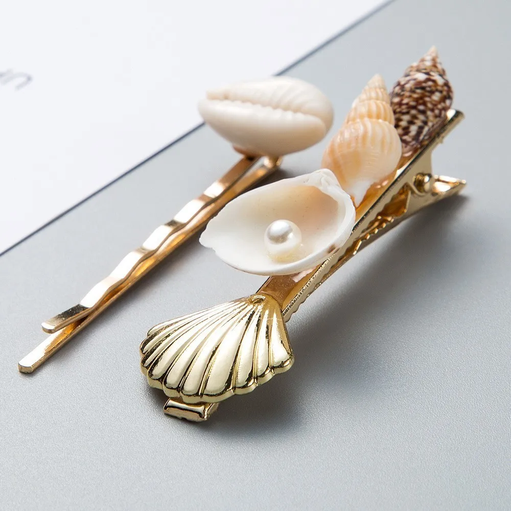 Boho Real Shell Conch Hair Clips For Women 2PCS Bohemian Simulated Pearl Barrettes Pins Jewelry Accessories Bobby Pin | Украшения и