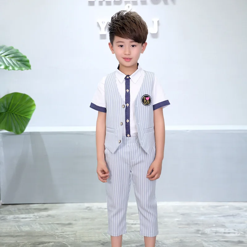

Summer Kids Wedding Striped 2Pcs Vest+Calf-Length Pants for Boys Kids England Style Clothing Set Boys Formal Suit