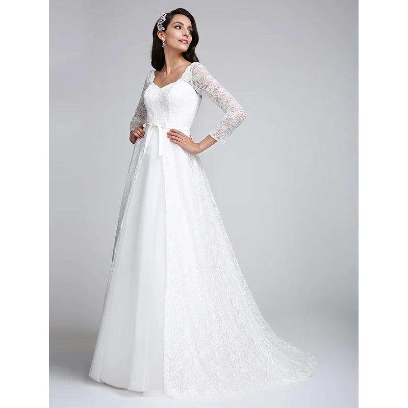 LAN TING BRIDE А-силуэт v-образный вырез свадебное платье со шлейфом средней длины