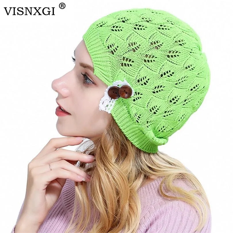 VISNXGI модная ажурная кружевная вязаная шапка на пуговицах с листьями женская